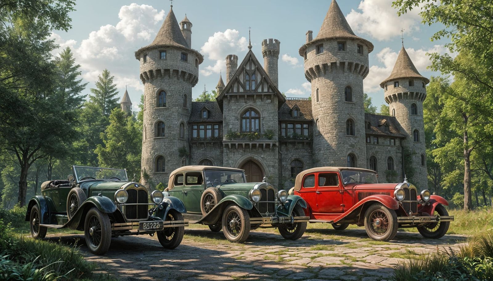 Antique BMW Cars at Elven Castle, Fantasy Art