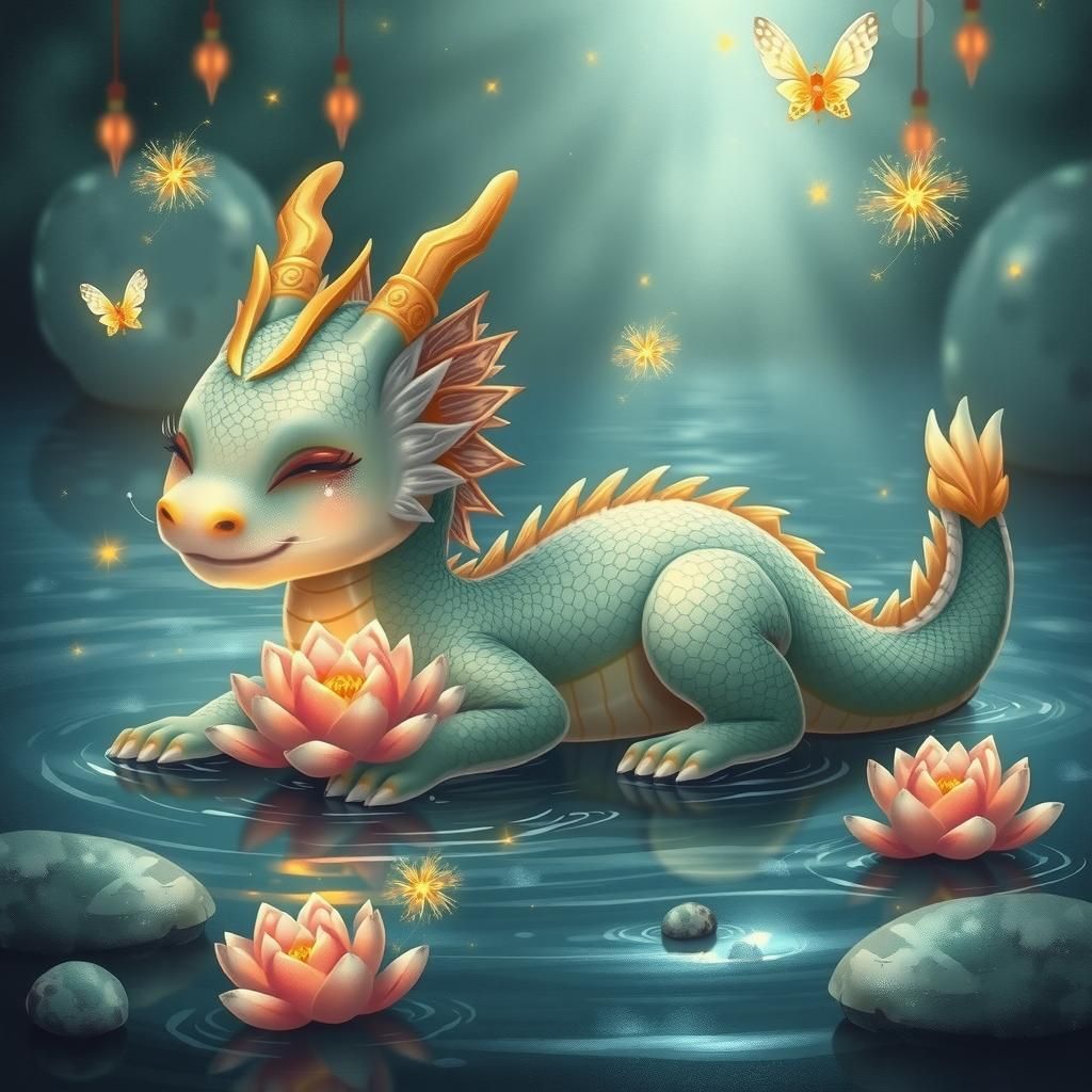 Sleeping Dragon with Lotuses, WLOP Art Style