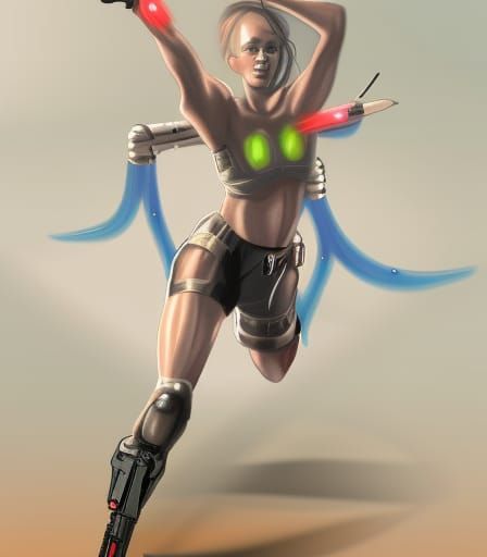 Futuristic Female Robot Soldier in Battle