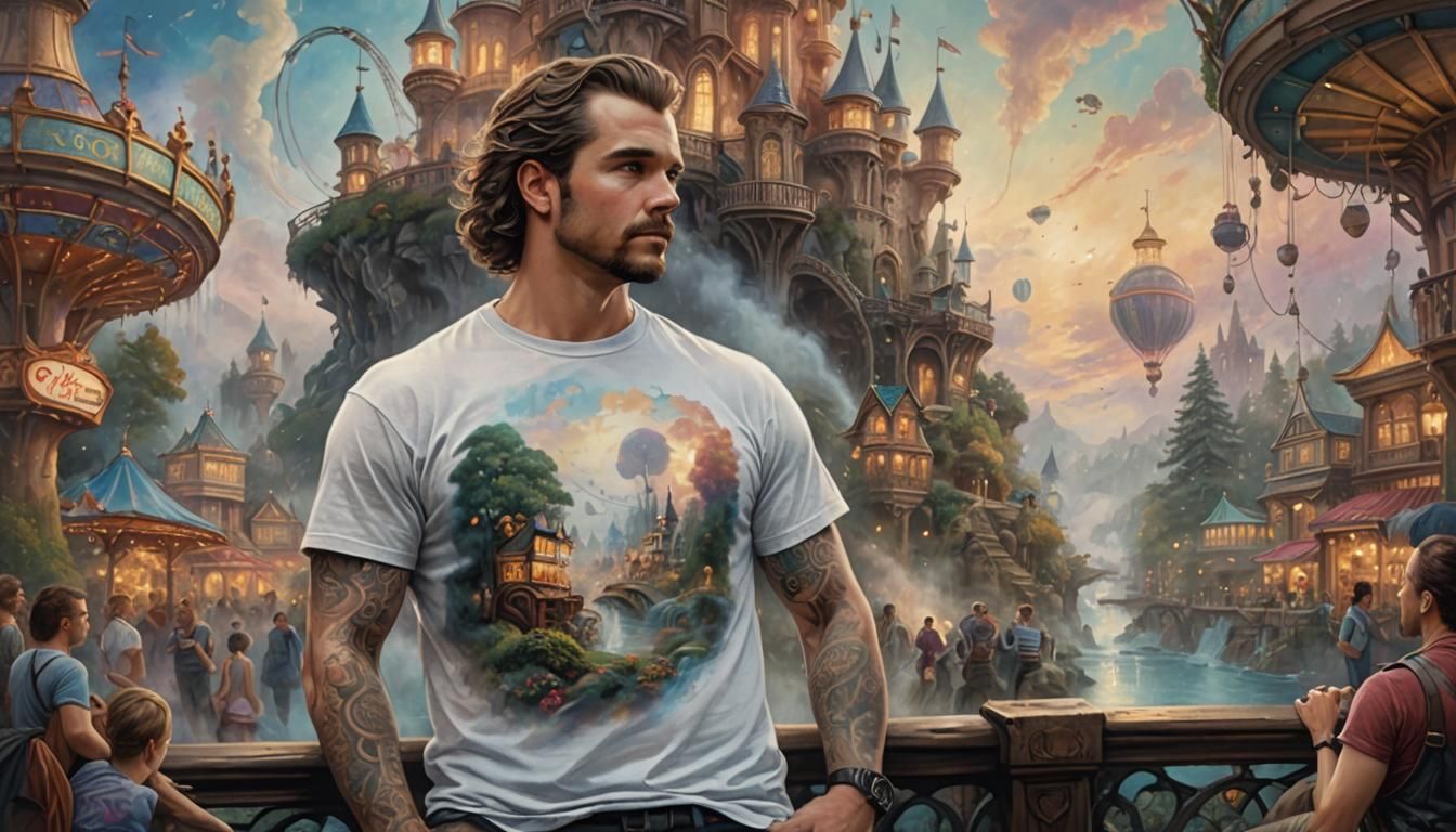Amusement Park Tattooed Man in Watercolor Style