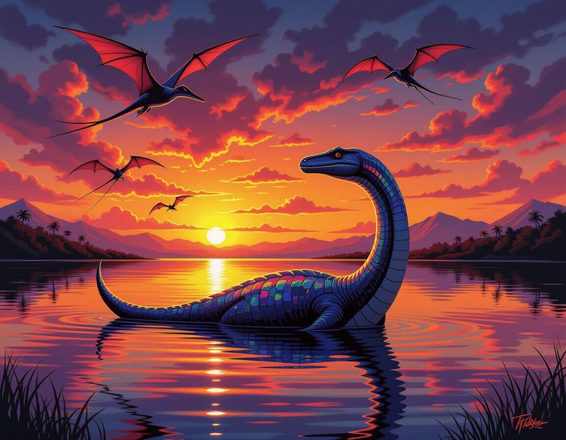 Jurassic Lagoon Plesiosaur in Polychromatic Splash Art Style