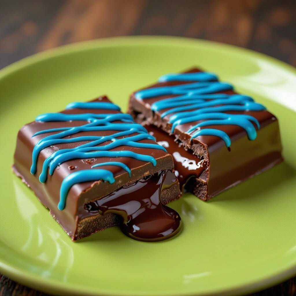 Melted Chocolate Bars with Blue Drizzle on Lime Green Plate