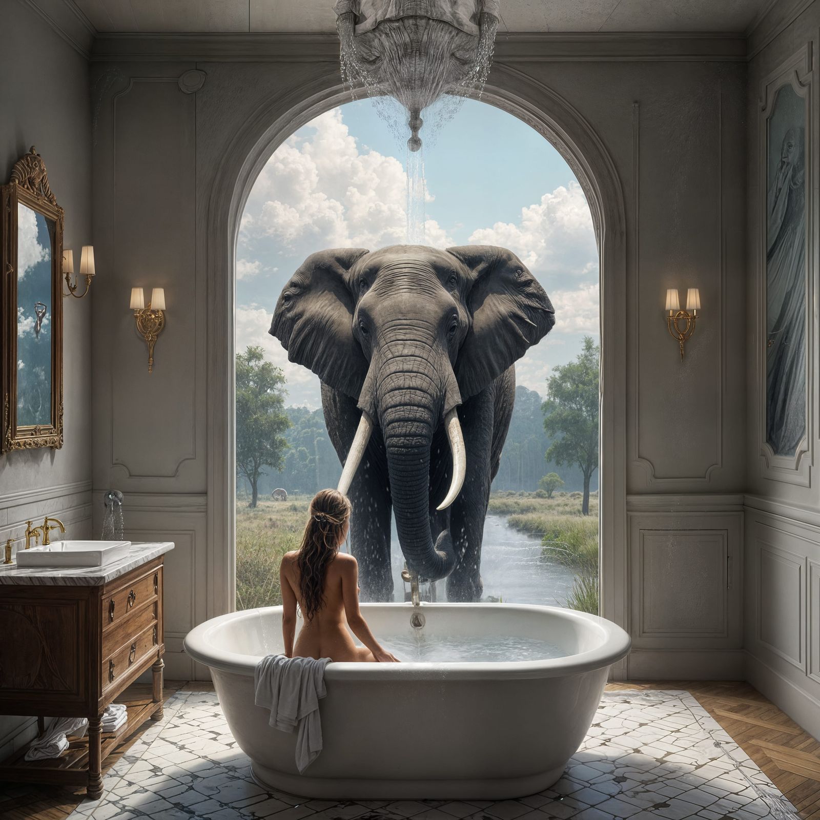 Surreal Elephant Takes a Magical Bath in a Dreamlike Bathroo...