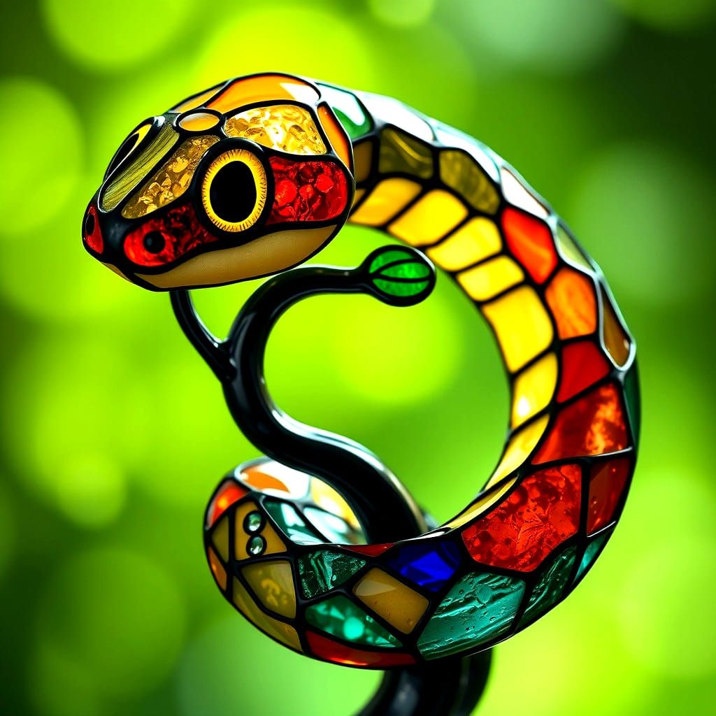 Cute Snake Coiled Around Stained Glass Tree