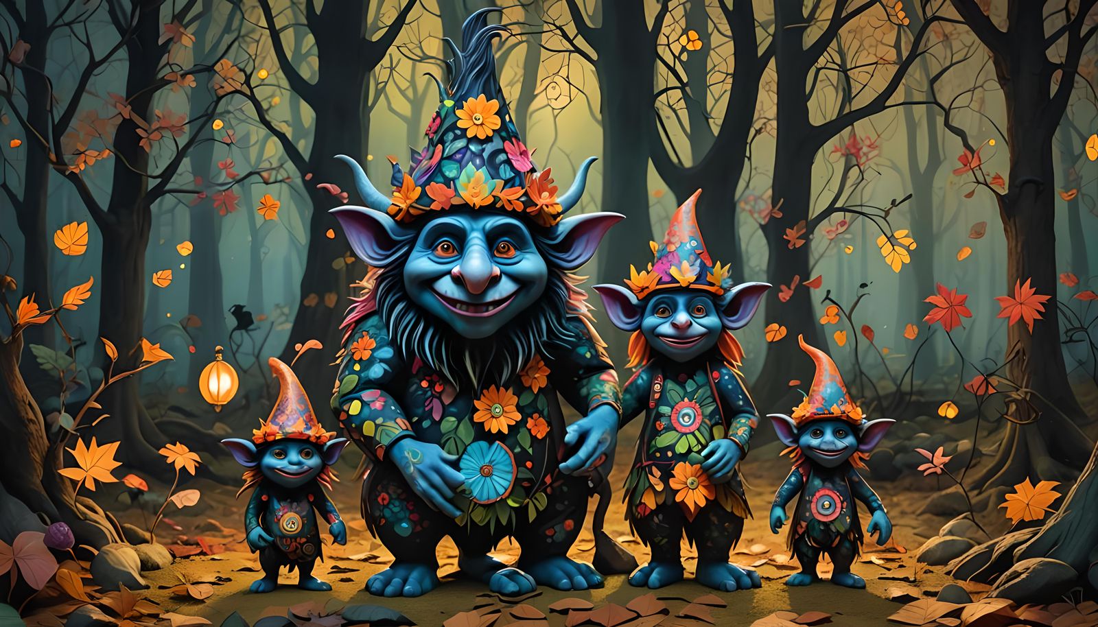 Alebrije Troll Family in Enchanted Autumn Forest