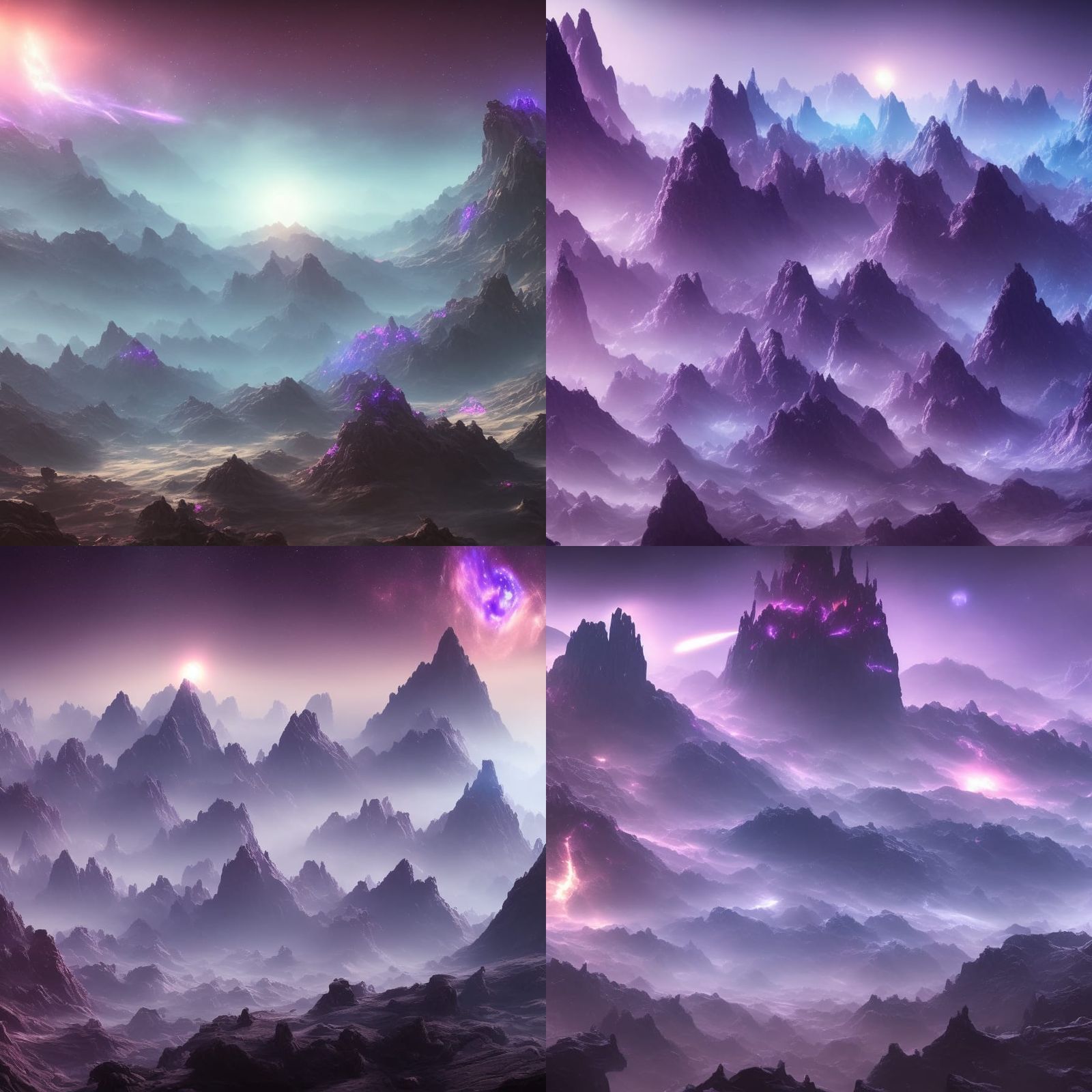 Purple and Blue Galaxy with Mountains and Planets
