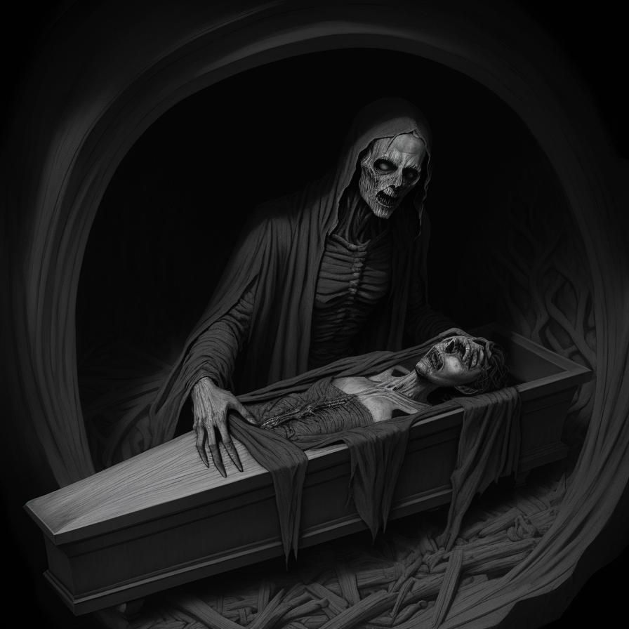 Horrific Coffin Scene in Charcoal Style