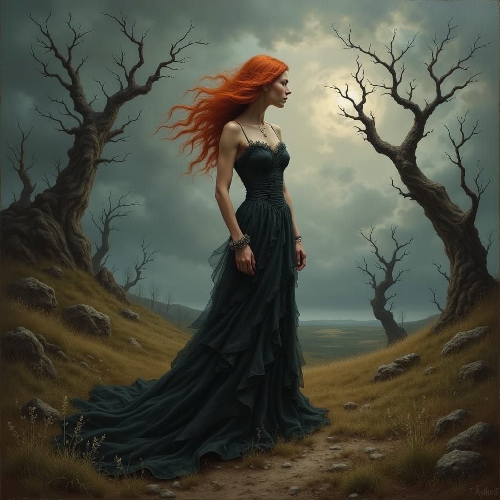 Dark Victorian Lady Stands Strong on Windswept Moorland