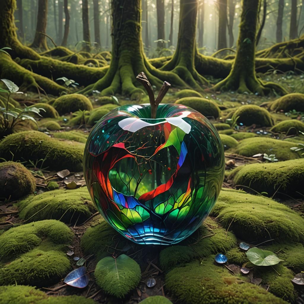 Rainbow Glass Apple on Forest Floor