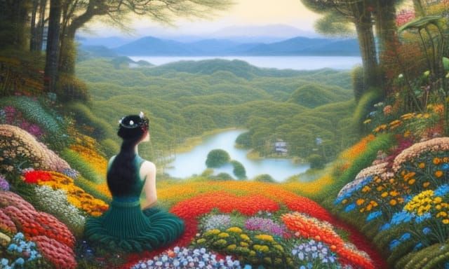 Woman in Flowers with Warped Perspective