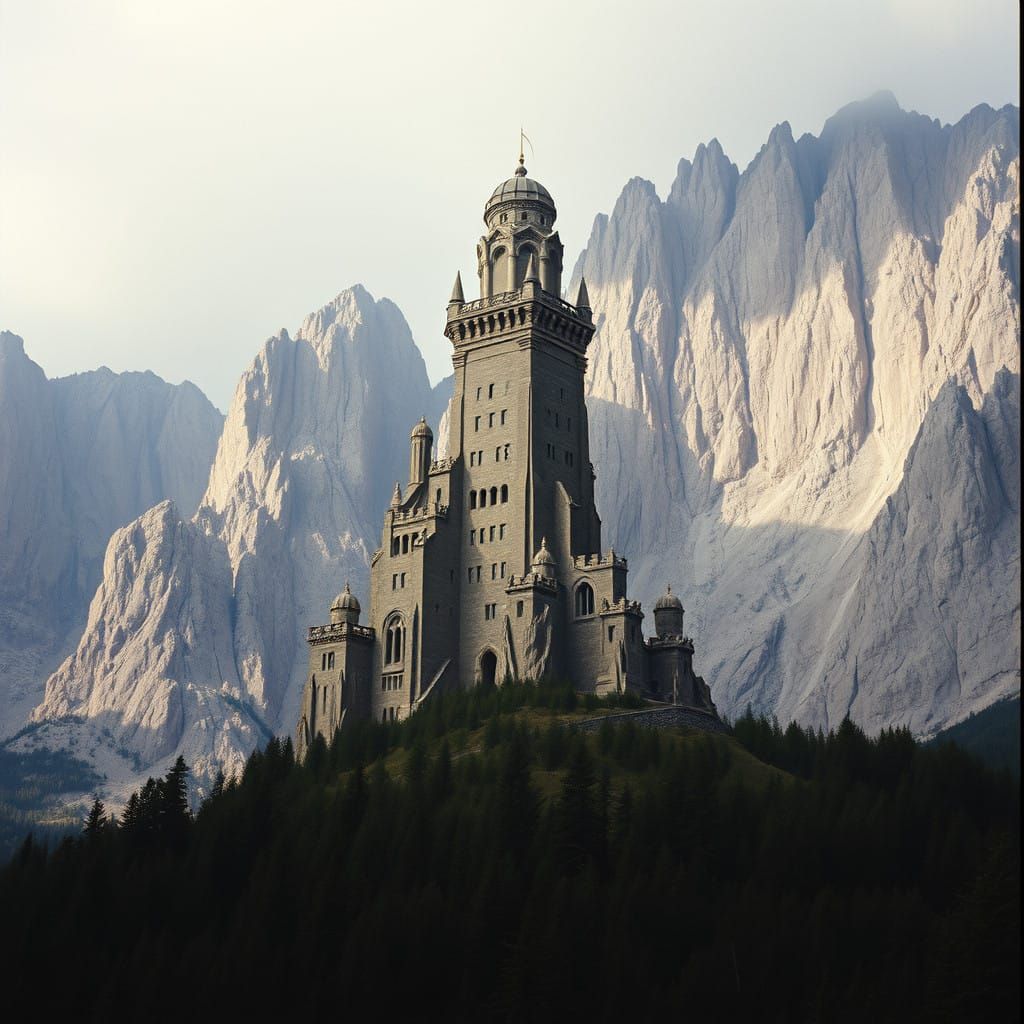 Epic Fantasy Tower Amidst Rocky Peaks
