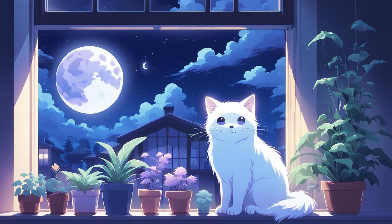 Cartoon Ghost with Cat in Anime Style