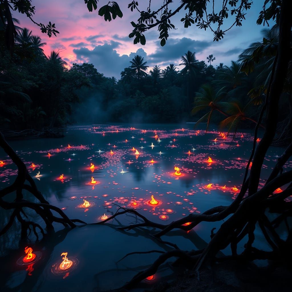 Surreal Jamaican Lagoon at Dusk with Glowing Embers