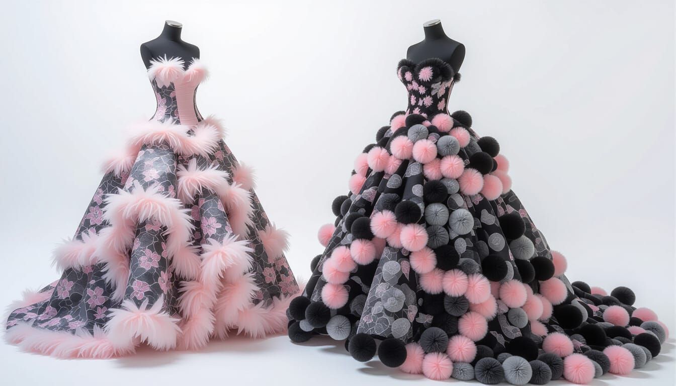 Charcoal and Pink Evening Gown on Mannequin