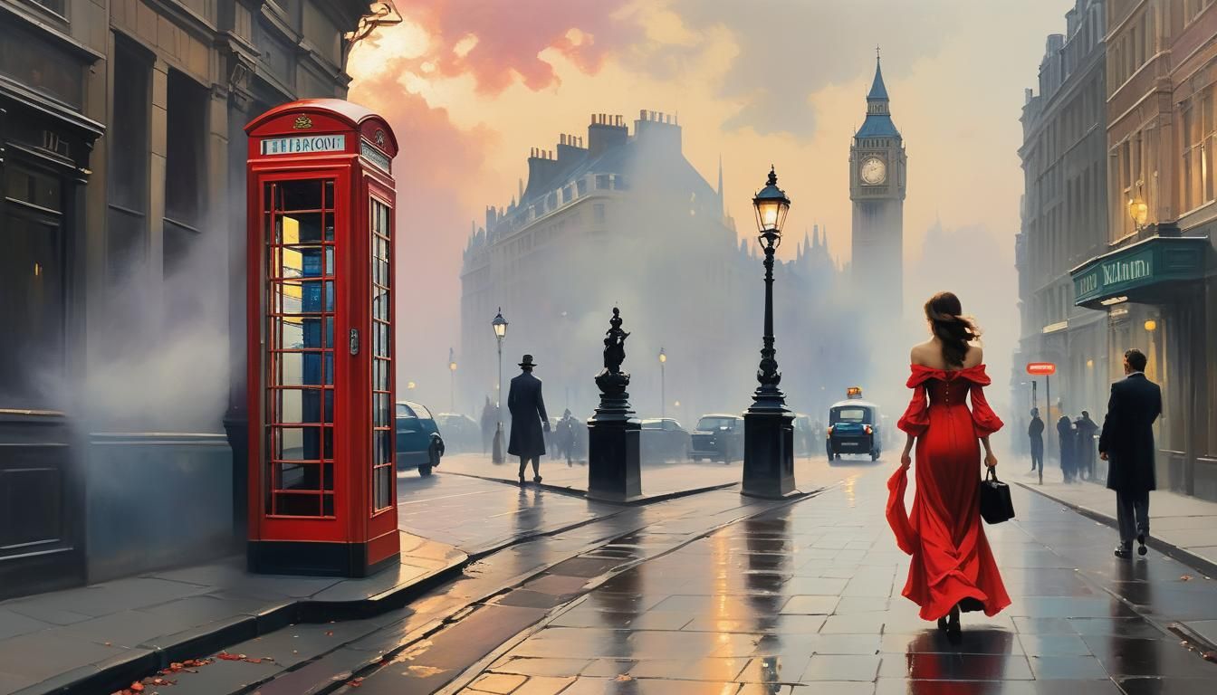 Art Nouveau Woman in Red Dress, London Street
