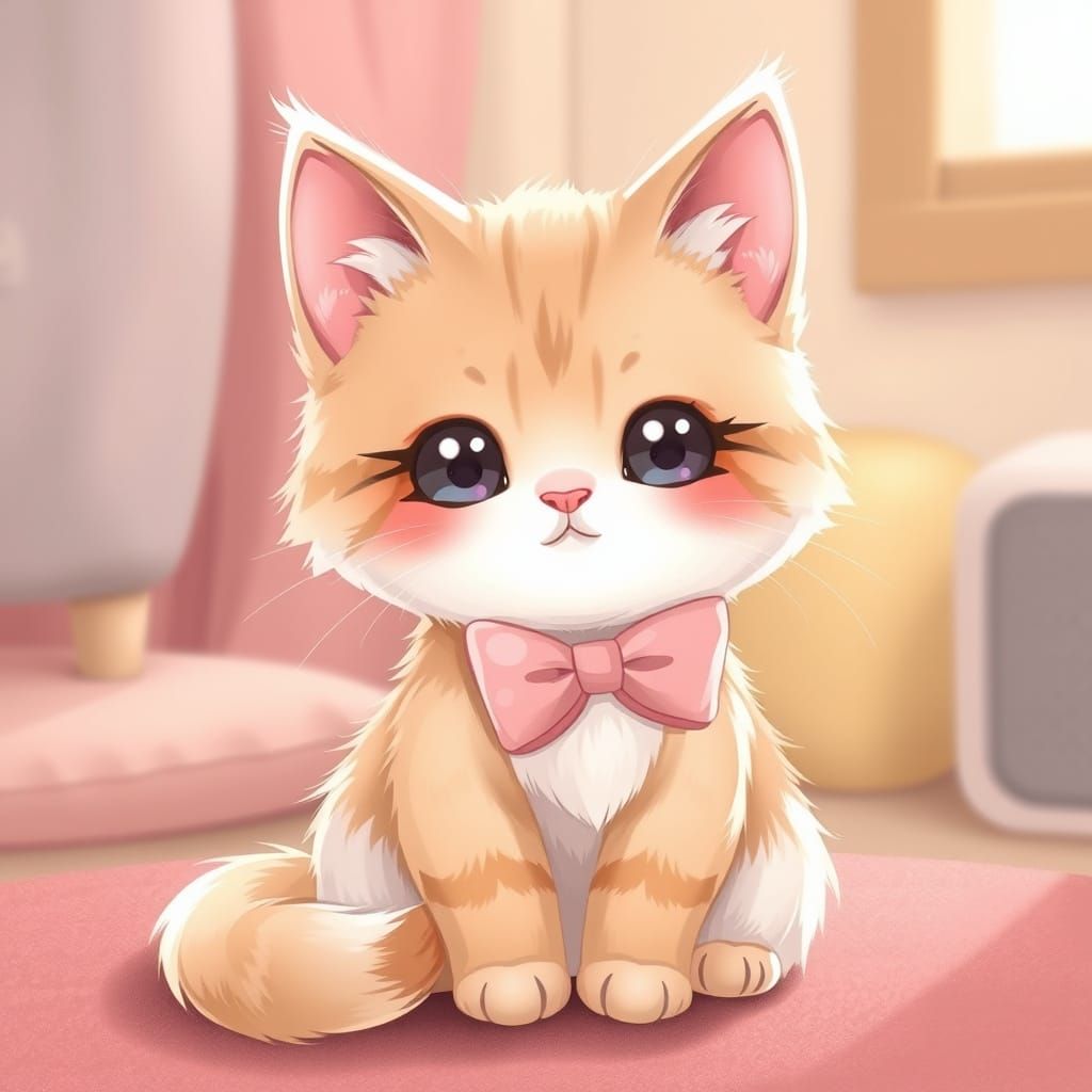 Adorable Kawaii Cat with Pink Bow in Cozy Room