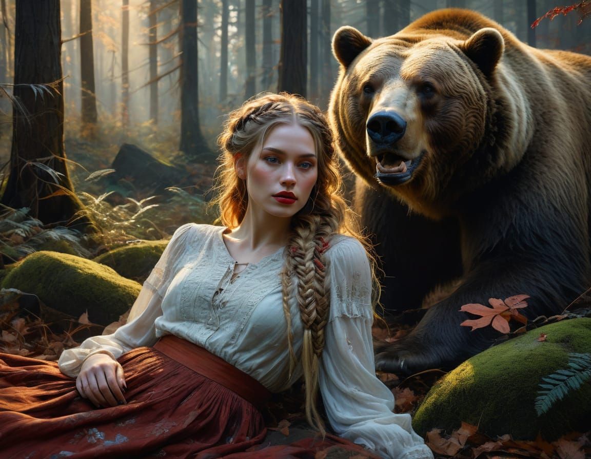 Surreal Young Woman in Autumn Forest, Inspired by Masterful ...