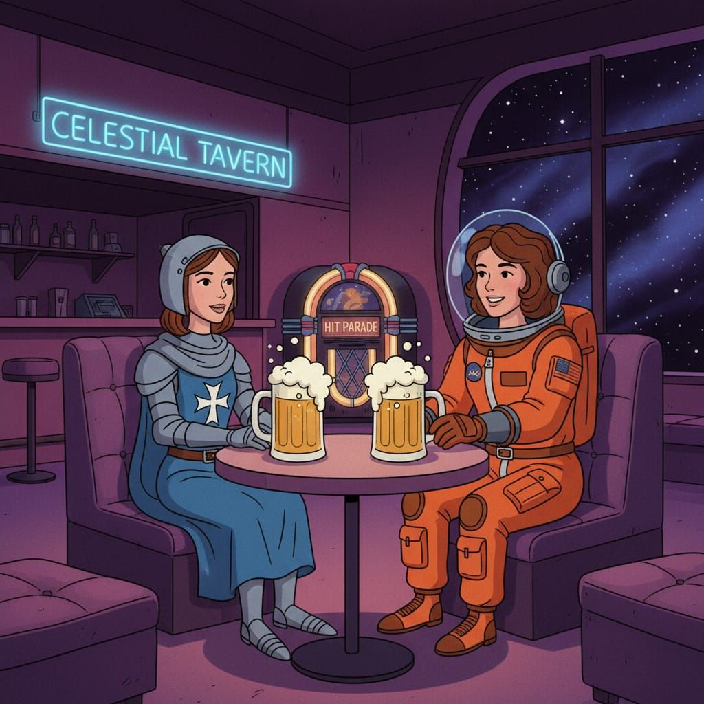 Joan of Arc & Sally Ride Share Beers in 80s Cartoon Style