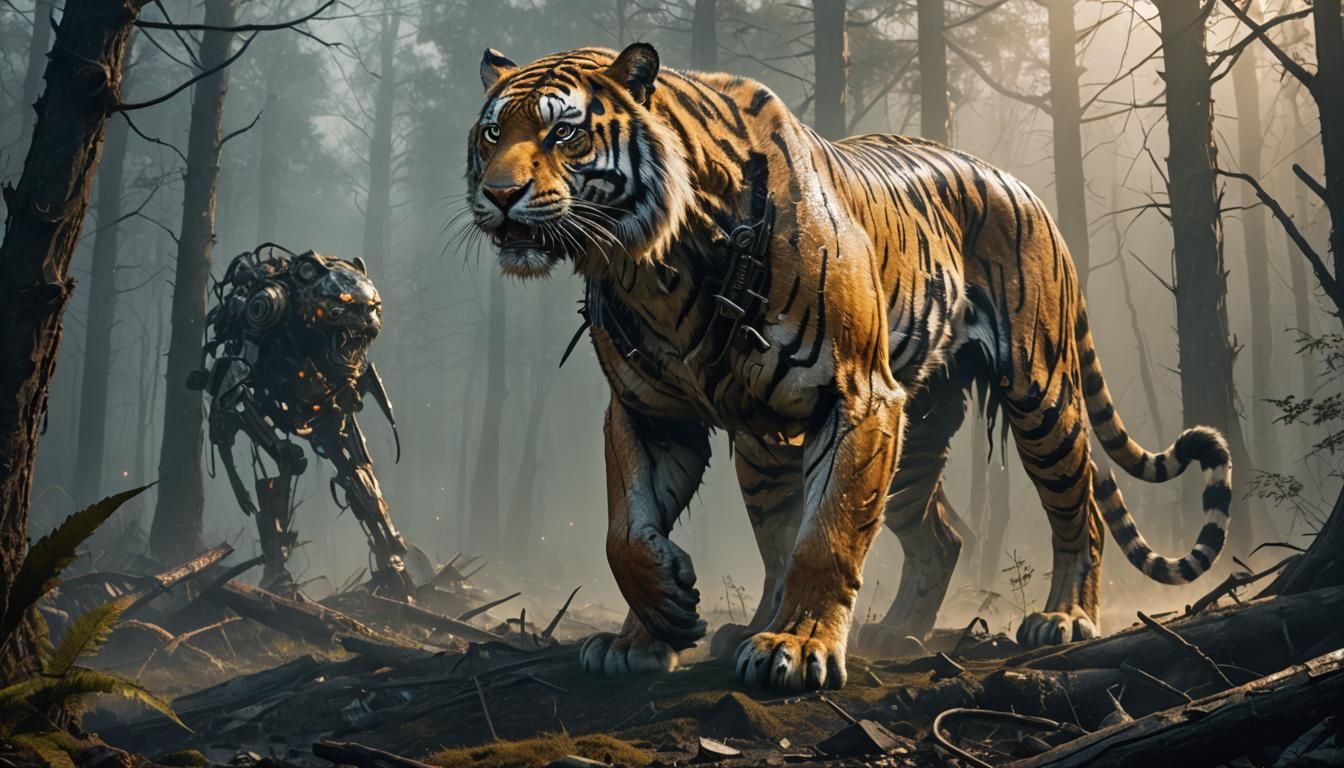 Cybernetic Siberian Tiger in a Post-Apocalyptic Forest
