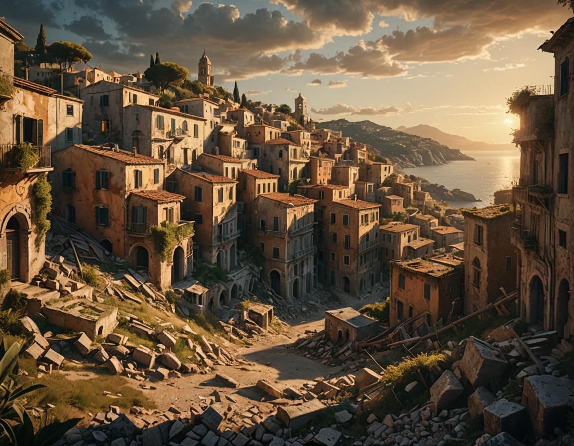 Italian Coastal Town Sunset: Cinematic Digital Painting
