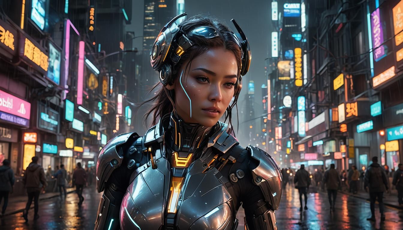 "Create an ultra-realistic CGI girl character image of a futuristic cyborg navigating through a neon-lit metropolis at n...