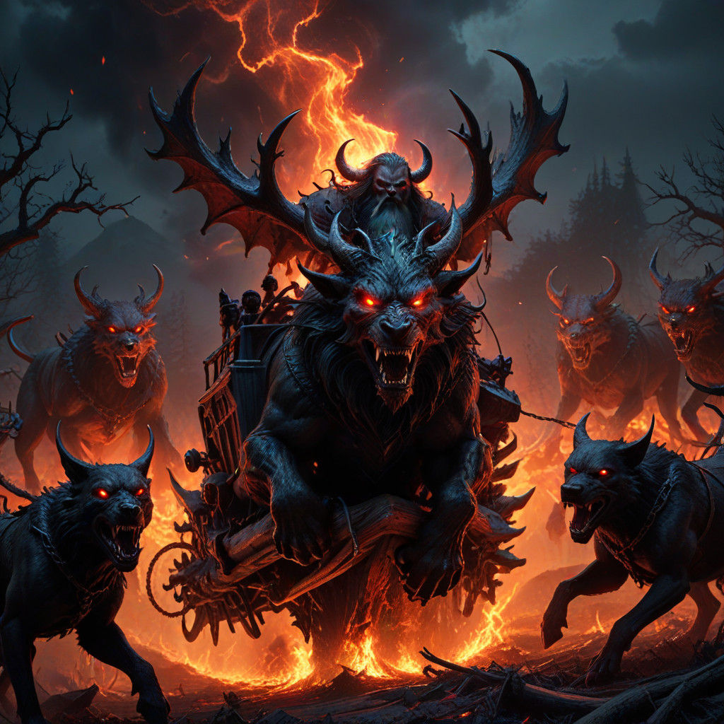 Dark Fantasy Satan Claus in Hellish Christmas Sleigh Chariot