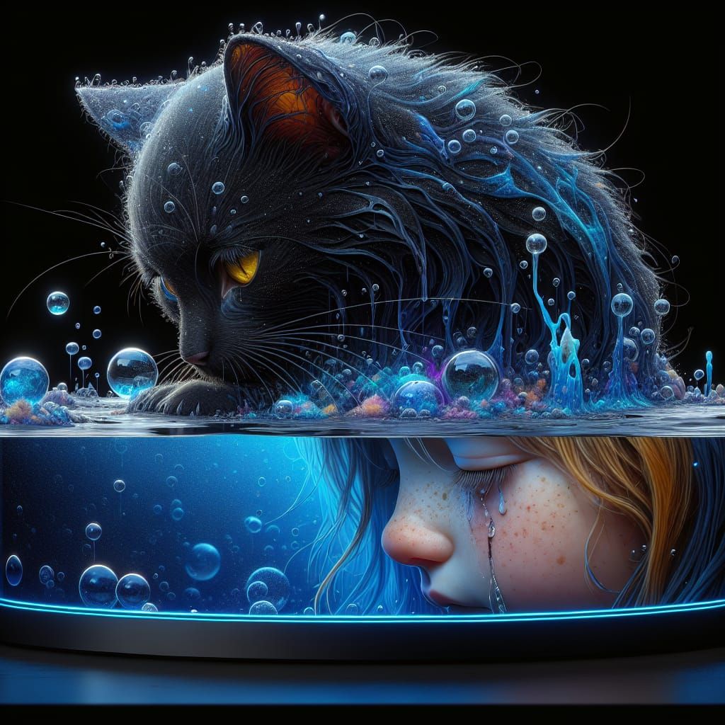 Fantasy Scene: Cat Underwater, Girl Crying