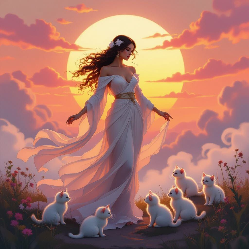 Steam Goddess with Kittens at Sunset in Ethereal Style