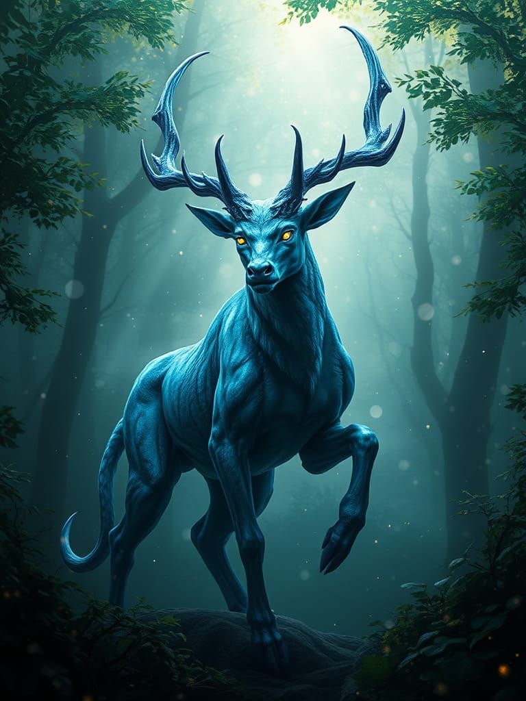 Mystical Creature with Iridescent Antlers in Fantasy Forest