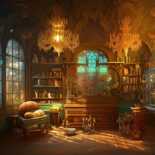 Intricate Crystal Shop Interior in Hyperrealistic Digital Ar...