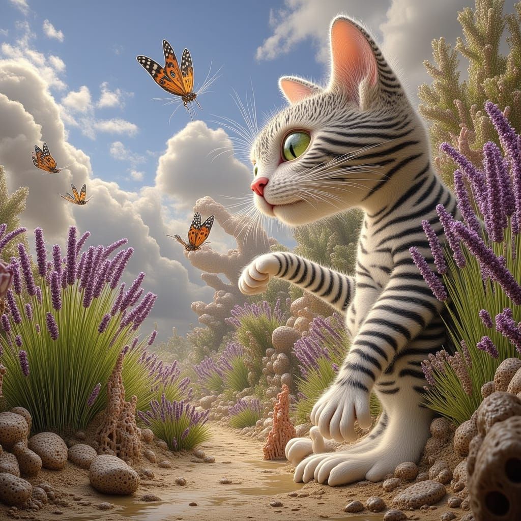 Whimsical Tabby Cat Chasing Moths in Lavender