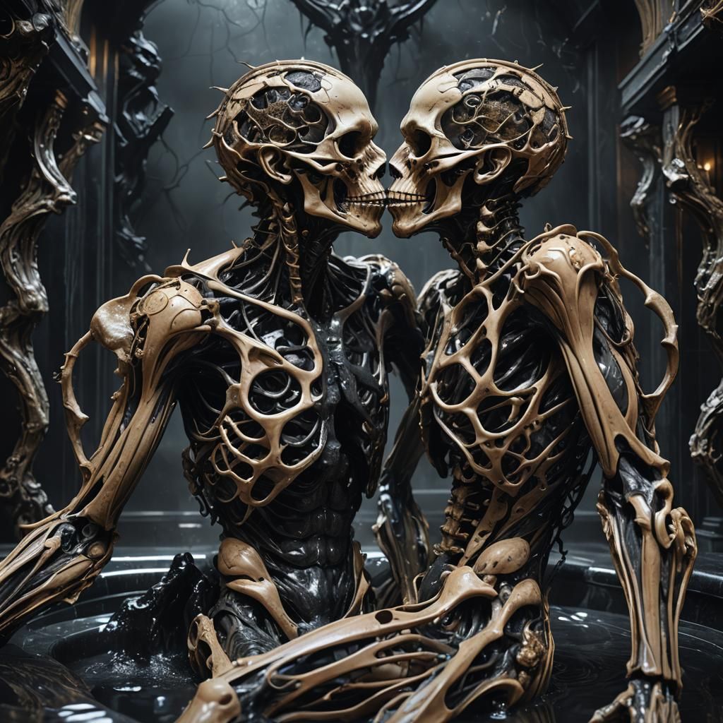 Biomechanical Kiss in Black Marble Bathroom