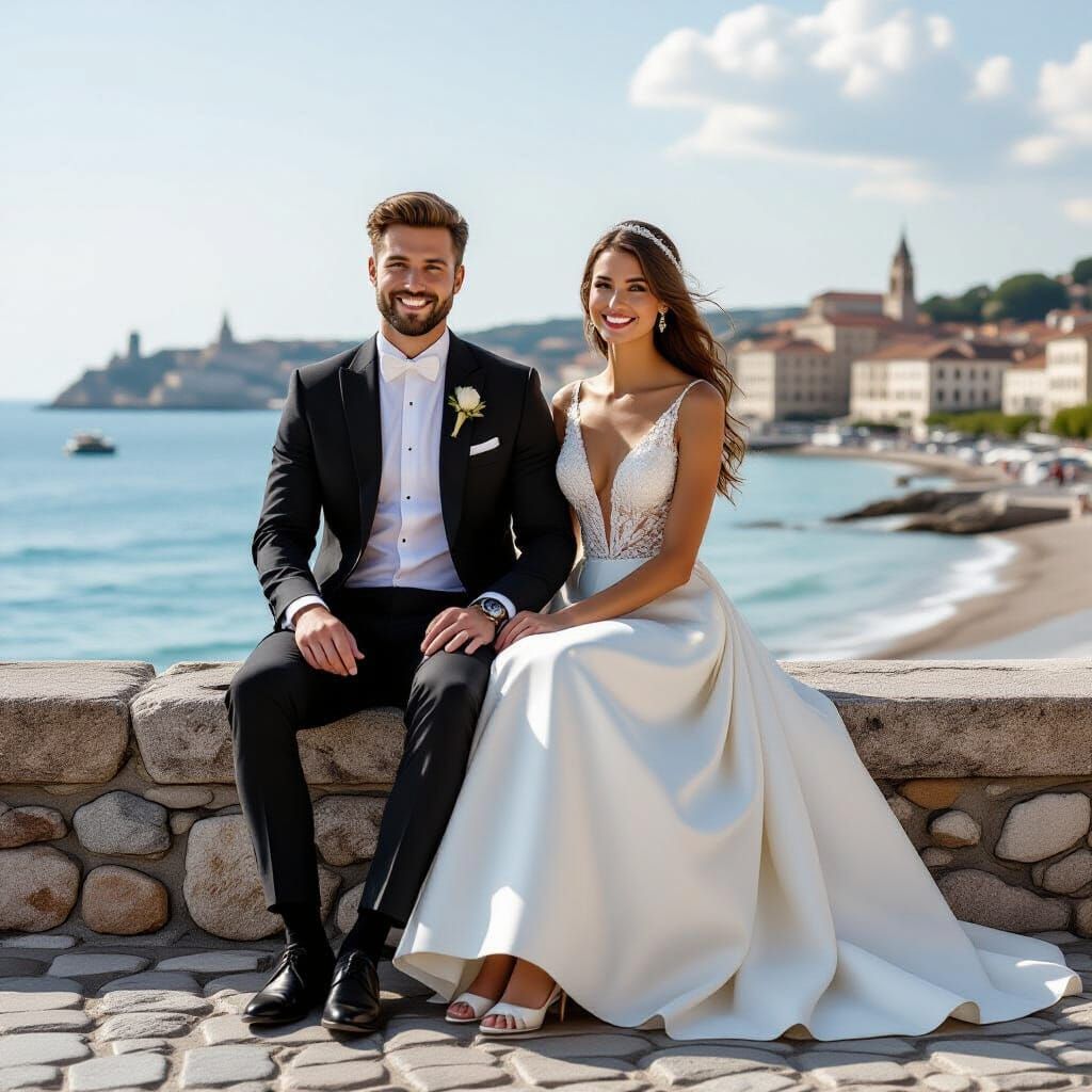 Smiling Man and Girl in La Rochelle, Art Nouveau Style
