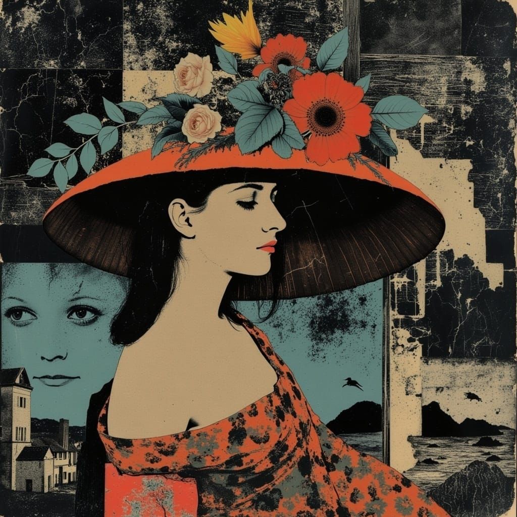 Woman in Whimsical Carnival Hat, Bohemian Art Deco Style