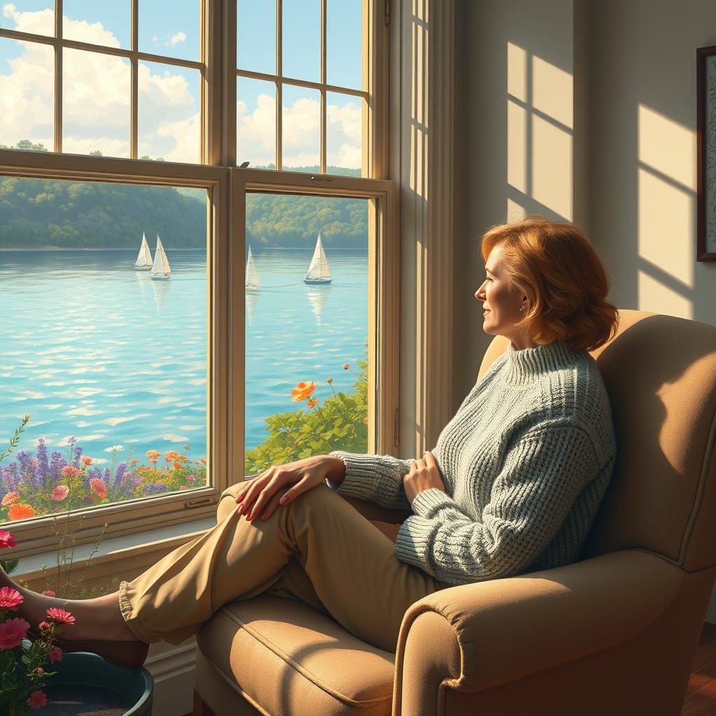 Serene Woman Watches Sailboats on Tranquil Lake in Impressio...