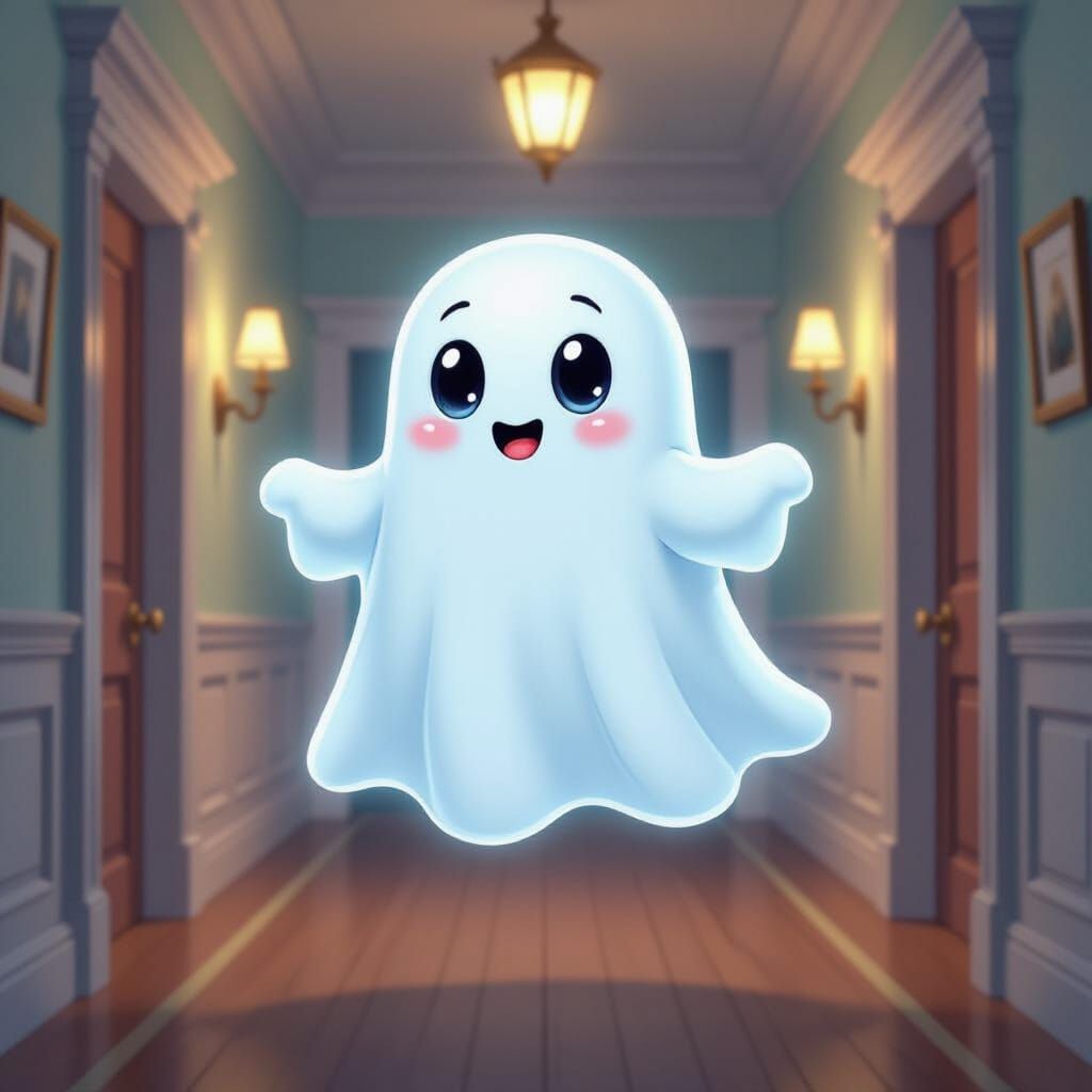 Friendly Ghost in Old Hallway Cartoon Art