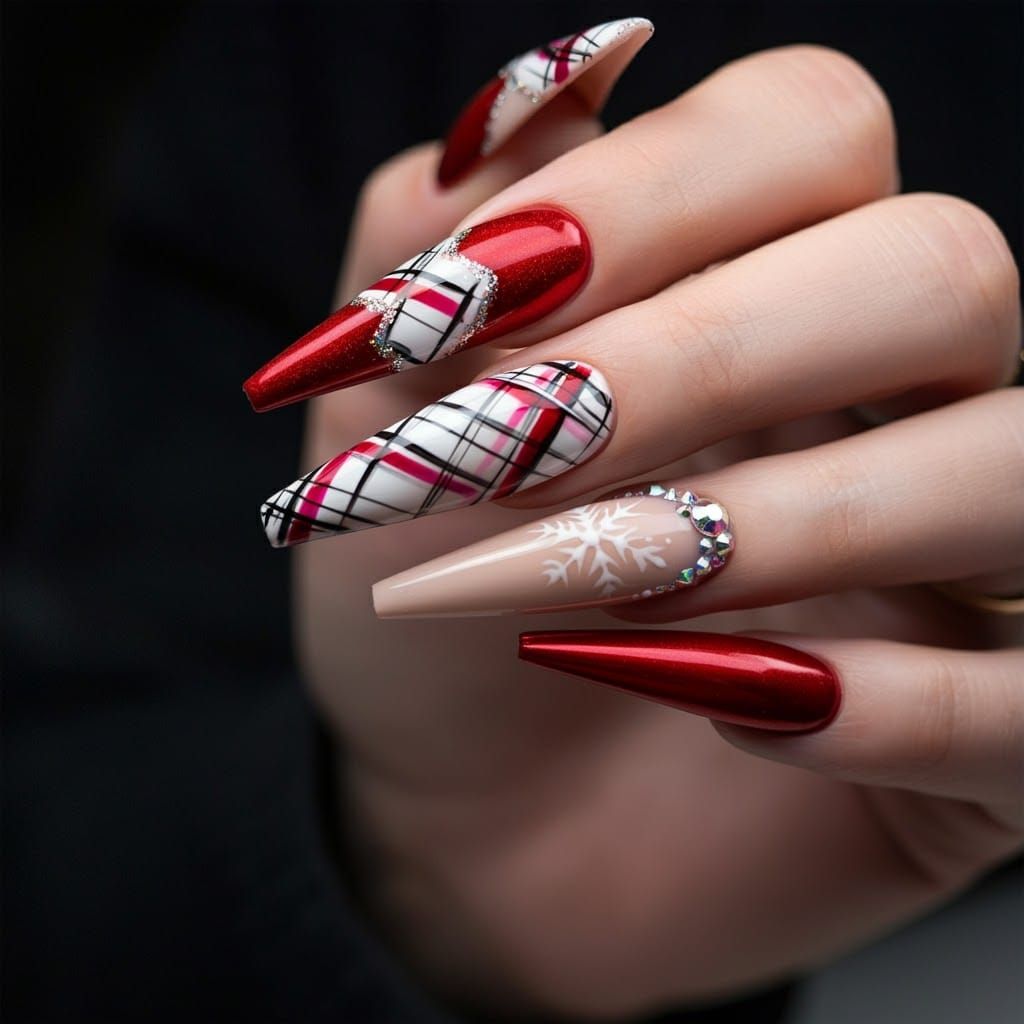 Festive Stiletto Nails with Plaid and Floral Designs