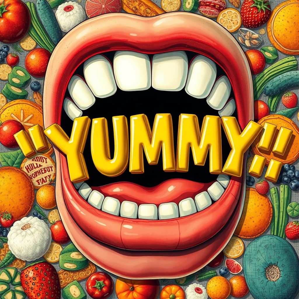 Giant Mouth Consuming Yummy in Pop Art Style