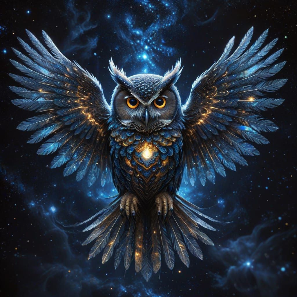 Mystical Owl Soars Through Cosmic Night Sky in Fractal Patte...