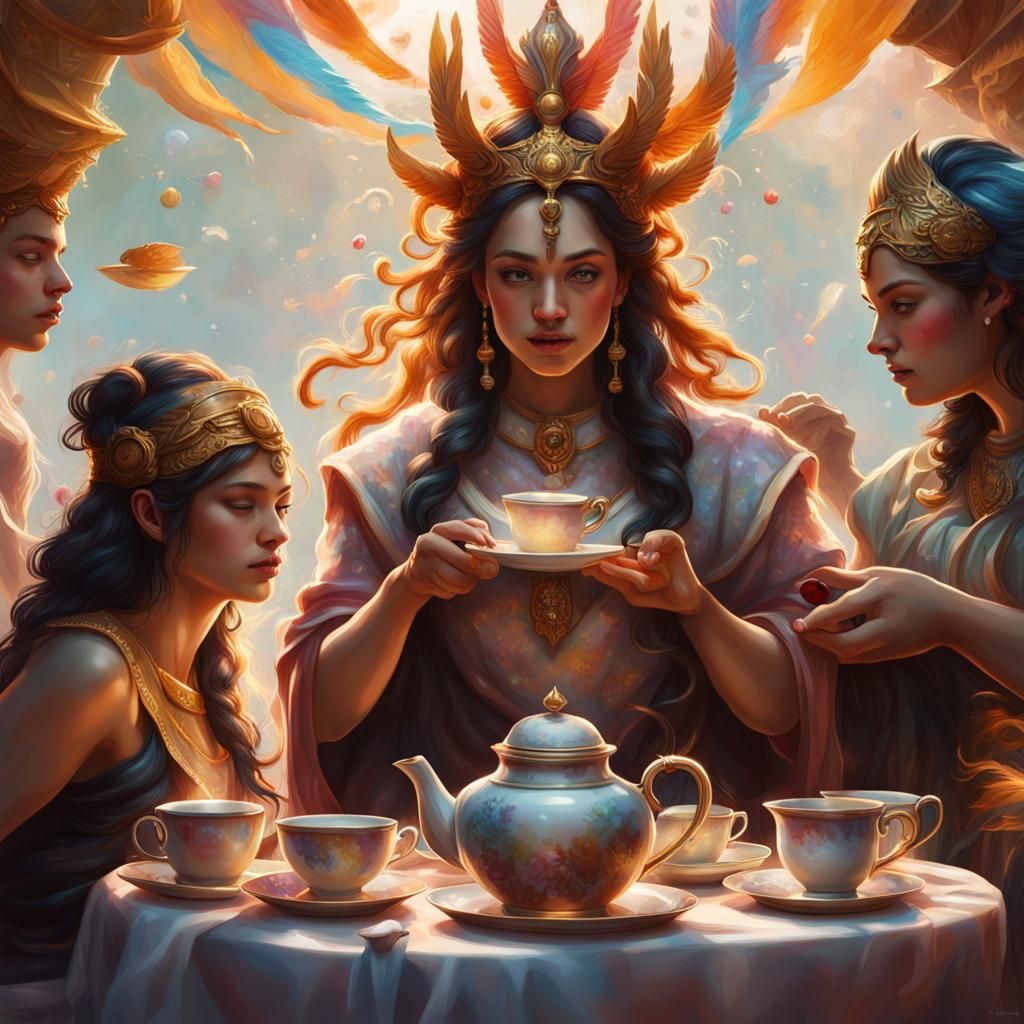 Hyperrealistic Tea Party of Gods and Goddesses