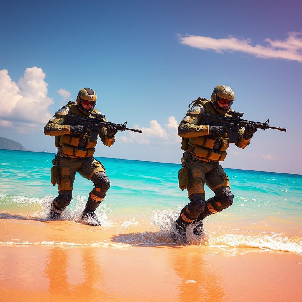 Tactical Beach Invasion in Neon-Lit Futuristic Style