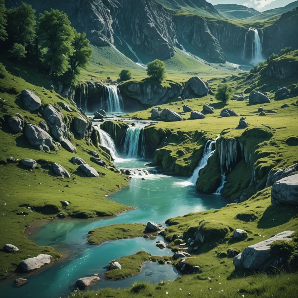 Alien Meadow With Crystal Waterfalls: Cinematic Still
