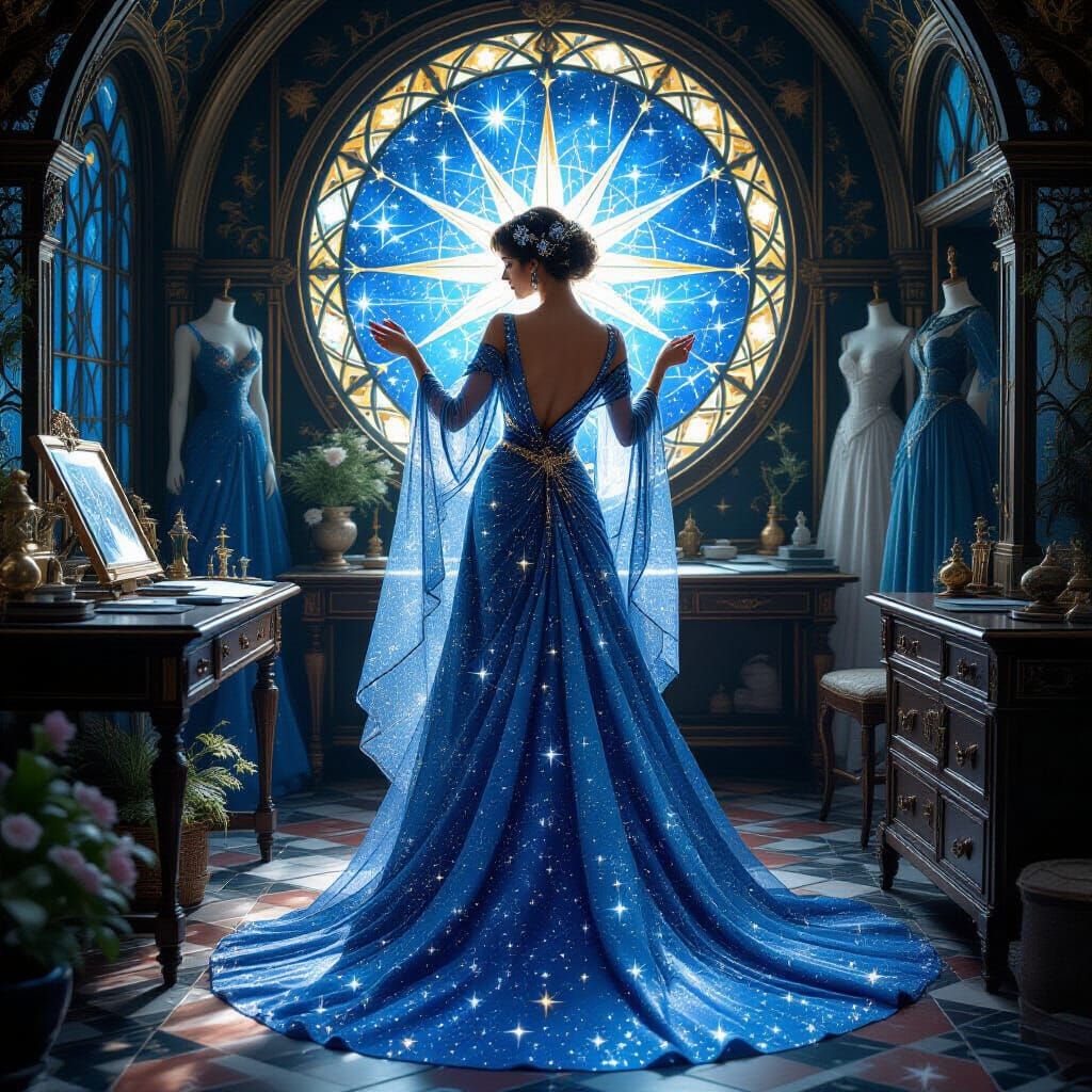 Celestial Seamstress Weaving Starlight Gowns: Art Nouveau Fa...