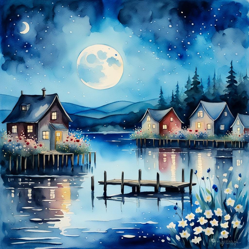 Blue Fishing Village: Watercolor Impressionism