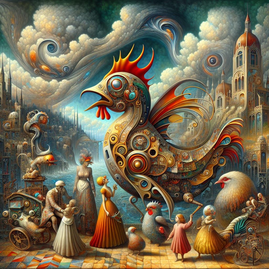 Surrealist Swan Family in Steampunk Cityscape