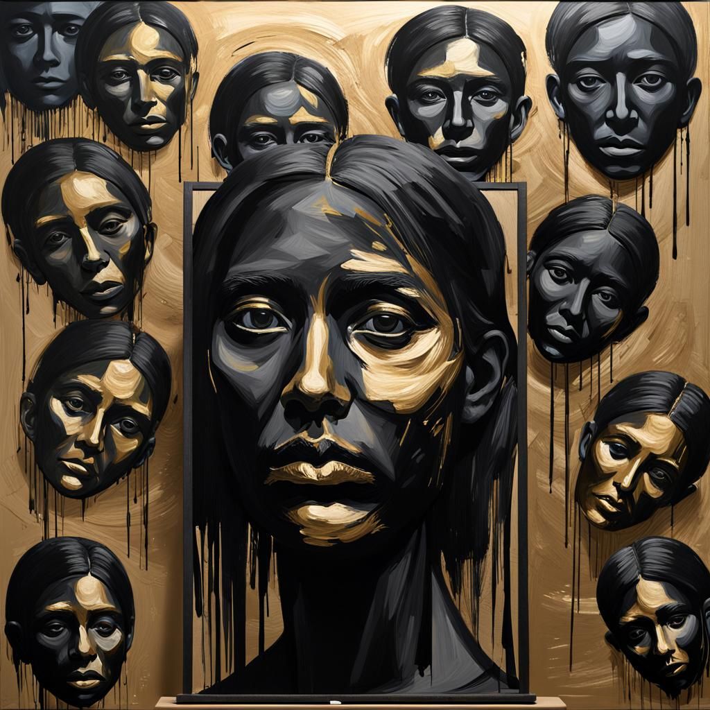 Recursive Black and Gold Faces in Grunge Style