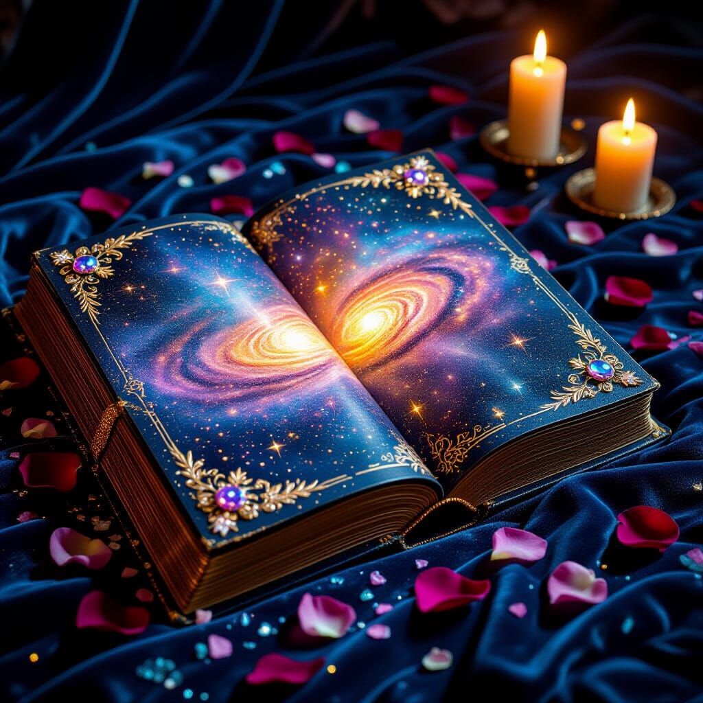 Cosmic Book with Galaxy Pages and Gemstone Adornments