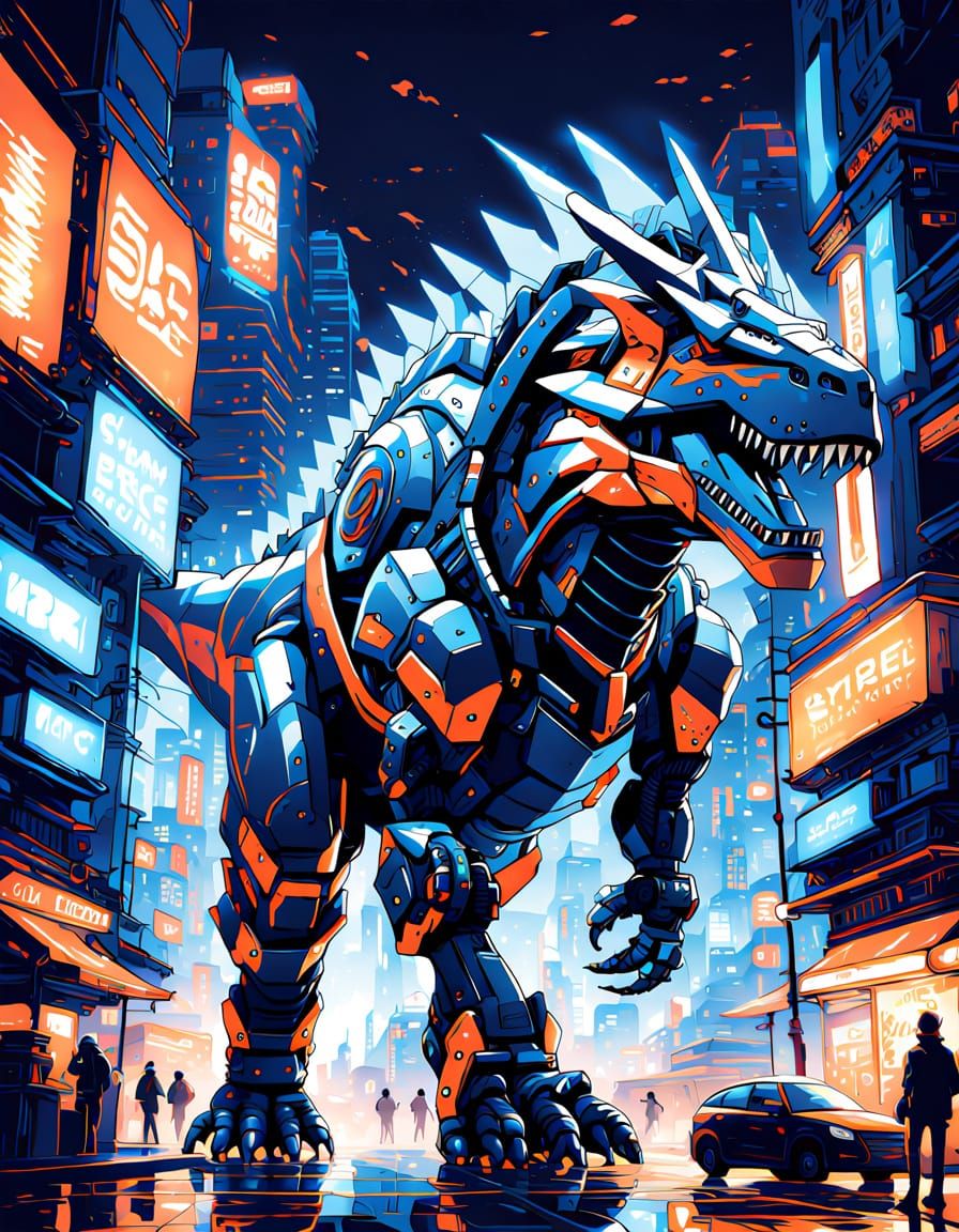 Giant Mecha Dinosaur Roars in Neon City