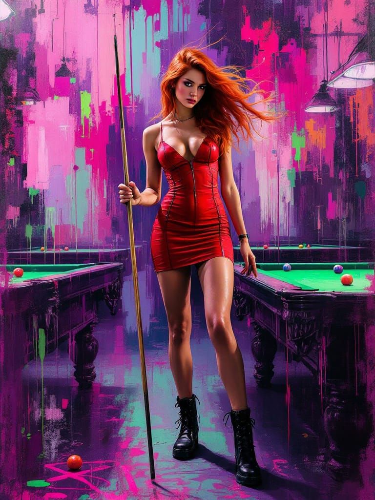 Confident Woman in Red Dress with Pool Cue