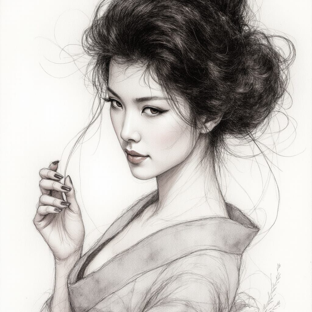Lithograph Sketch of a Geisha in Dark Fantasy Style